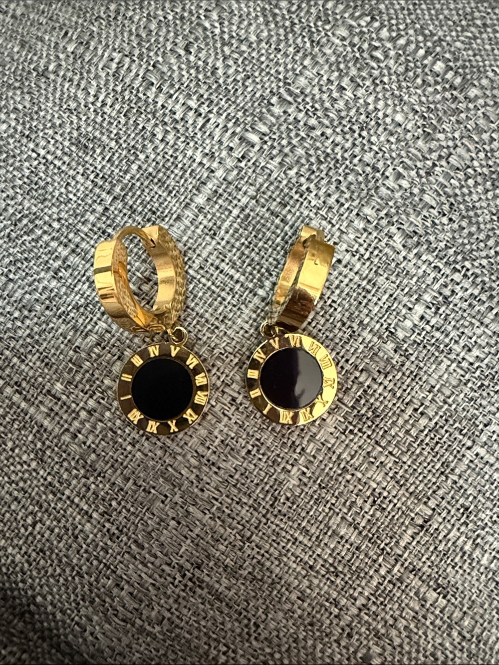 Gold-Tone Hoop Earrings with Black Enamel Roman Numeral Discs